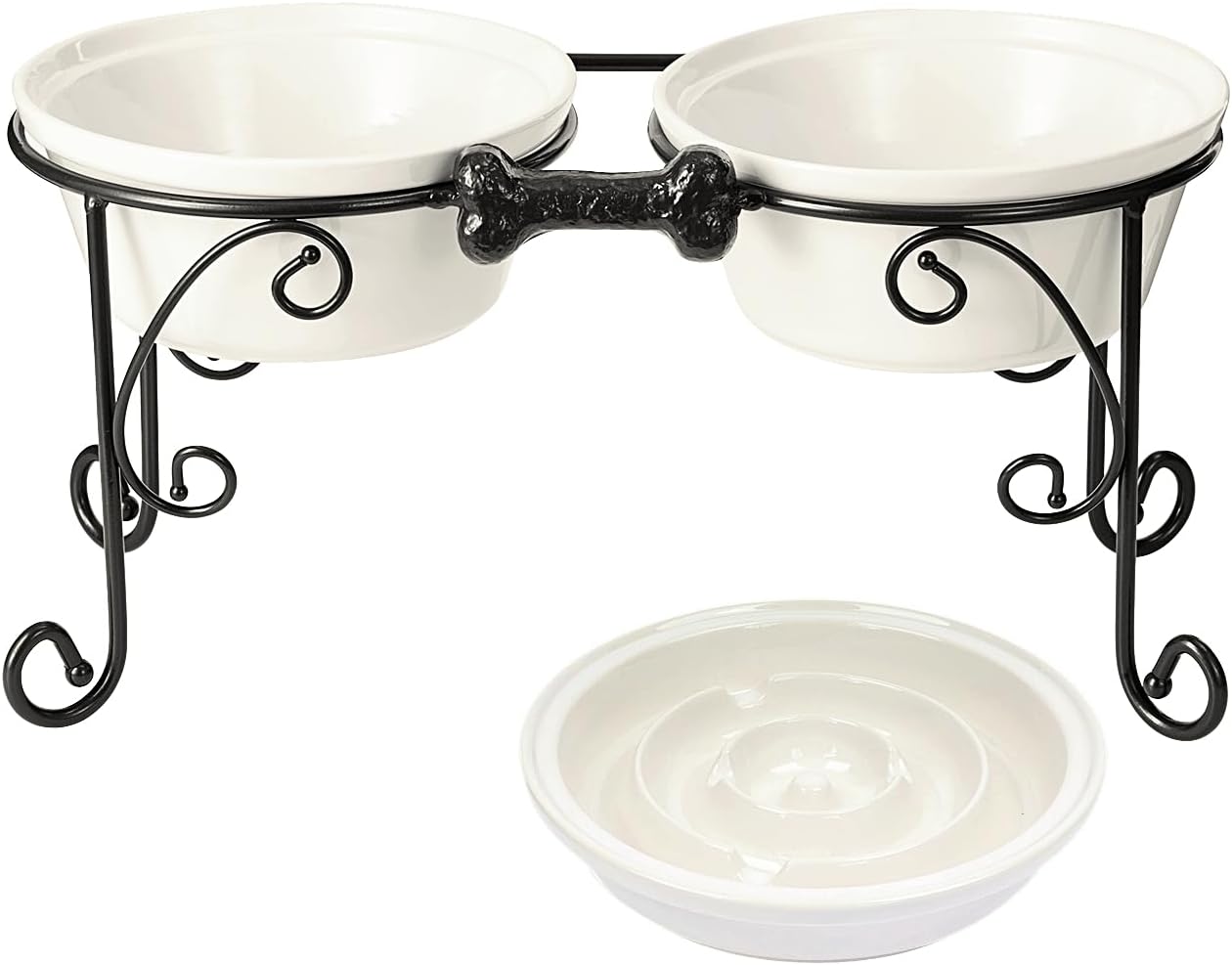 Premium Elevated Dog Bowl Stand – Handcrafted Wrought Iron Feeder with Large Ceramic Stoneware Bowls for Medium & Large Pets (Almond Finish)
