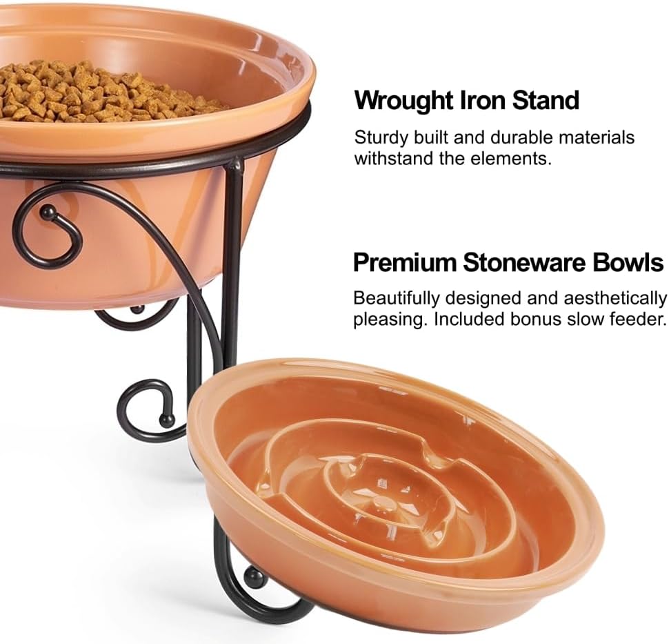 Premium Elevated Dog Bowl Stand – Handcrafted Wrought Iron Feeder with Large Ceramic Stoneware Bowls for Medium & Large Pets (Almond Finish)