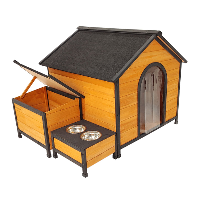 Luxury Outdoor Wooden Dog House with Feeding Station & Toy Storage – Durable, Weatherproof Haven for Multiple Dogs