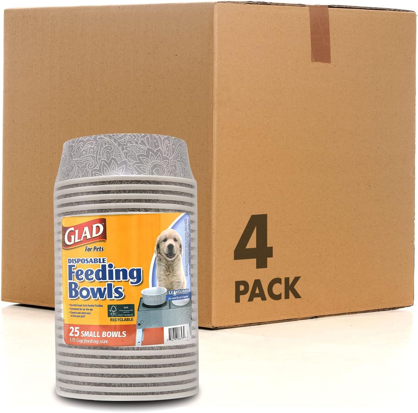 Glad® Luxury Disposable Pet Feeding Bowls, Leakproof & Eco-Friendly, Large 3.5 Cup Size, 25-Pack: Elegant Gray Pattern for Wet & Dry Dog Food or Water