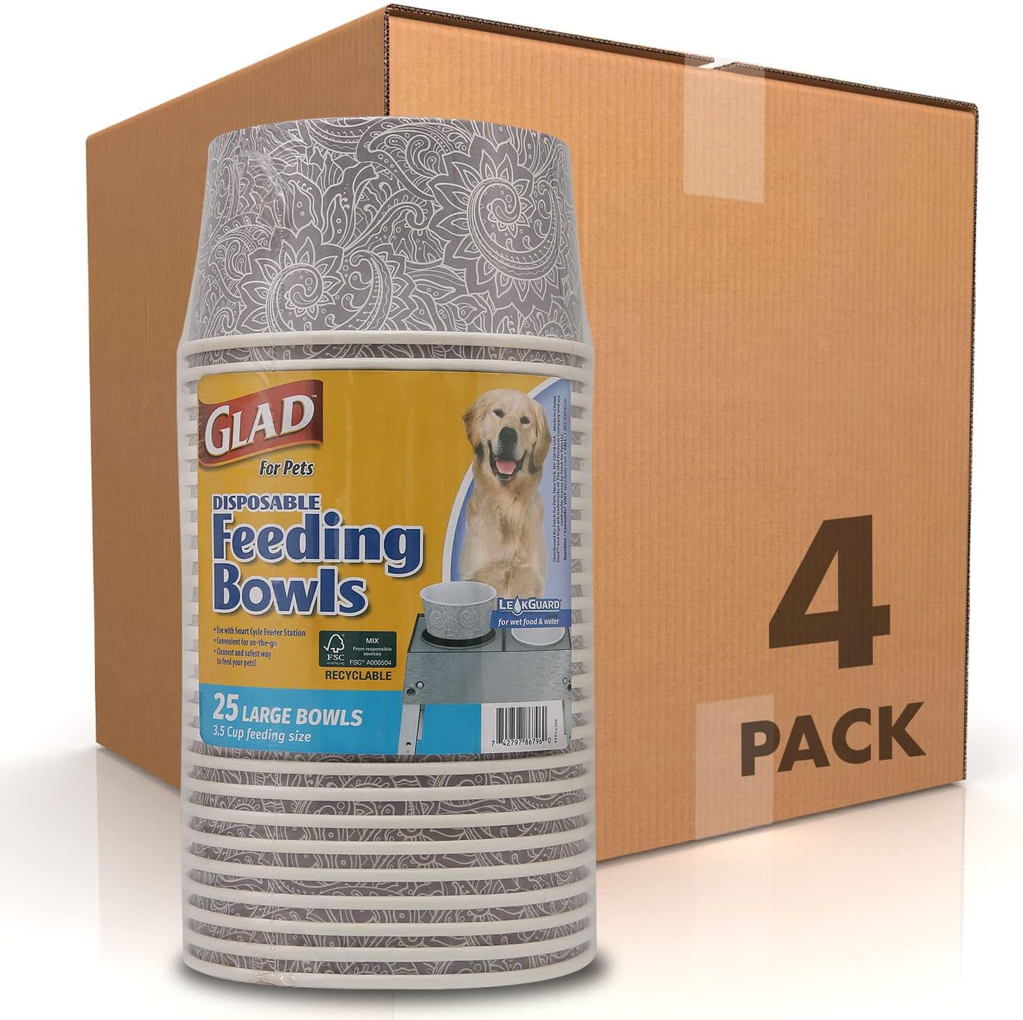 Glad® Luxury Disposable Pet Feeding Bowls, Leakproof & Eco-Friendly, Large 3.5 Cup Size, 25-Pack: Elegant Gray Pattern for Wet & Dry Dog Food or Water