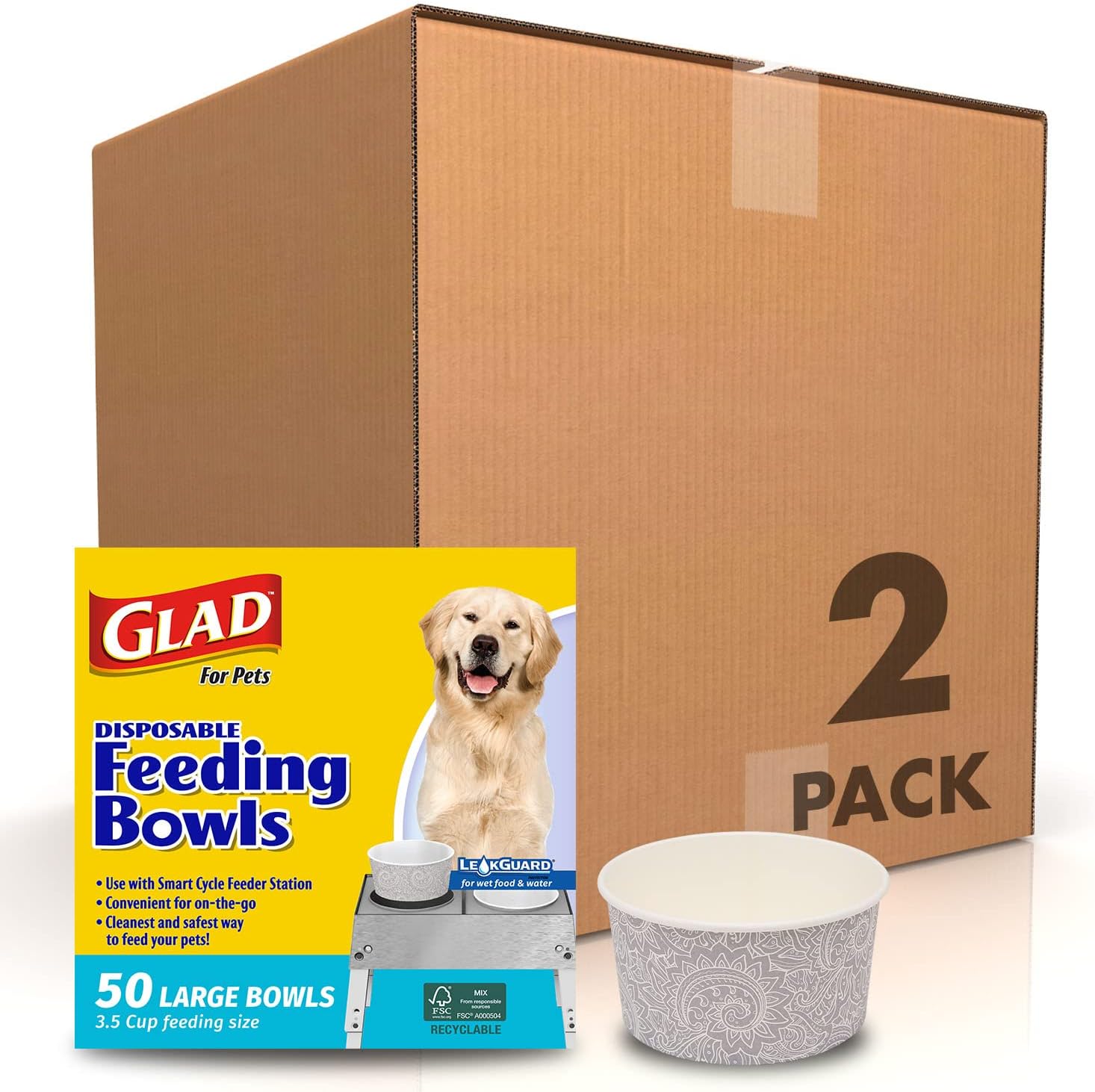 Glad® Luxury Disposable Pet Feeding Bowls, Leakproof & Eco-Friendly, Large 3.5 Cup Size, 25-Pack: Elegant Gray Pattern for Wet & Dry Dog Food or Water