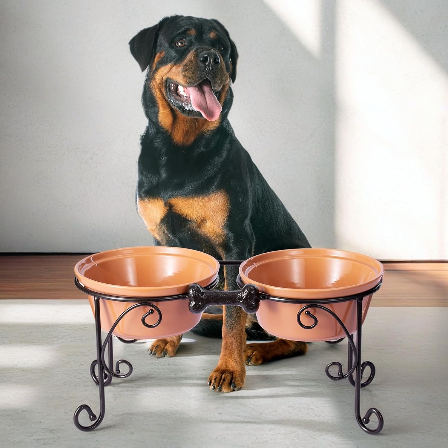Premium Elevated Dog Bowl Stand – Handcrafted Wrought Iron Feeder with Large Ceramic Stoneware Bowls for Medium & Large Pets (Almond Finish)