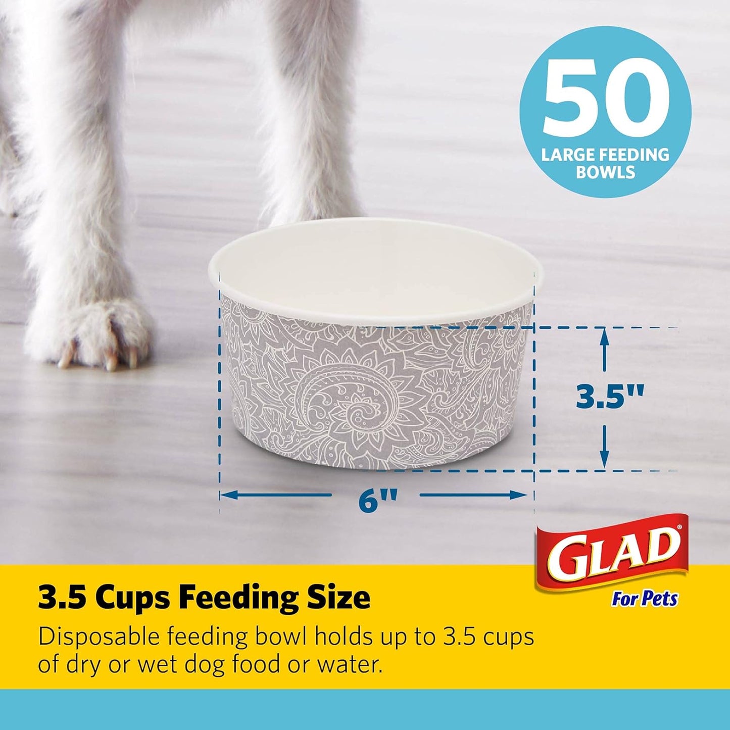 Glad® Luxury Disposable Pet Feeding Bowls, Leakproof & Eco-Friendly, Large 3.5 Cup Size, 25-Pack: Elegant Gray Pattern for Wet & Dry Dog Food or Water