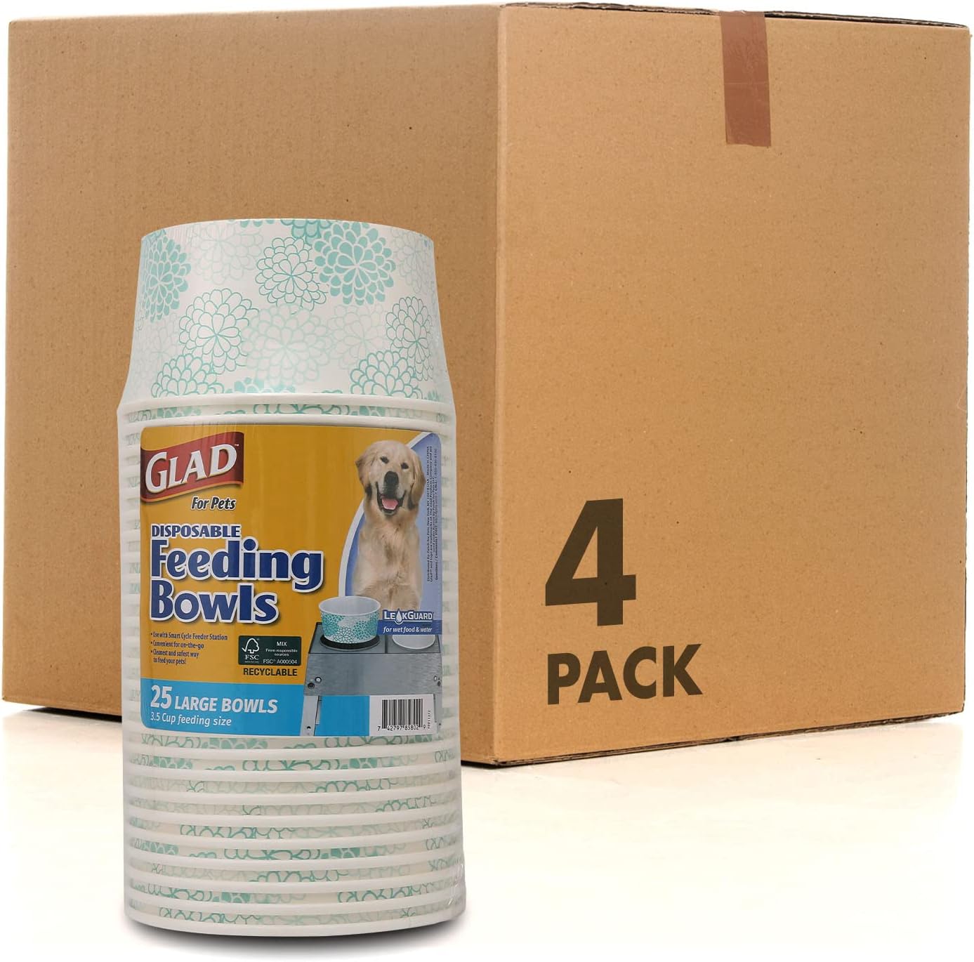 Glad® Luxury Disposable Pet Feeding Bowls, Leakproof & Eco-Friendly, Large 3.5 Cup Size, 25-Pack: Elegant Gray Pattern for Wet & Dry Dog Food or Water