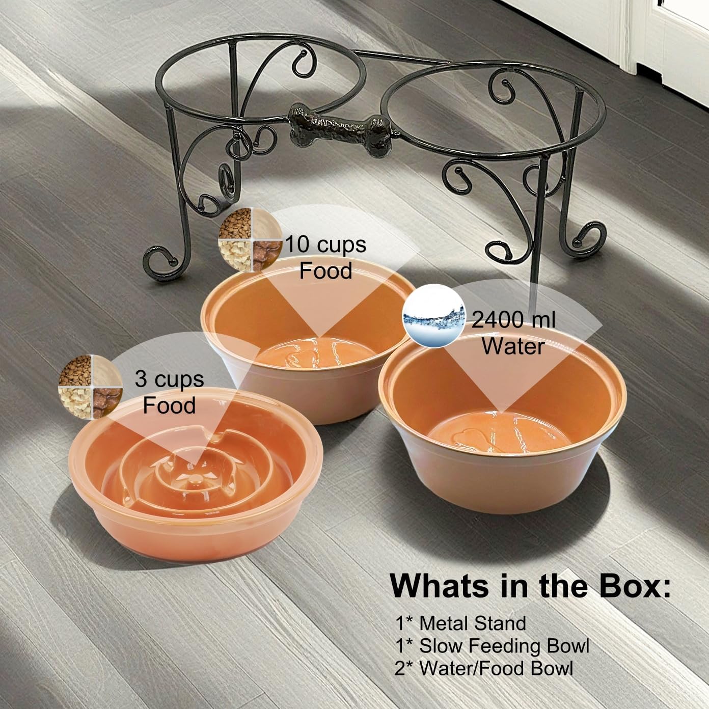 Premium Elevated Dog Bowl Stand – Handcrafted Wrought Iron Feeder with Large Ceramic Stoneware Bowls for Medium & Large Pets (Almond Finish)