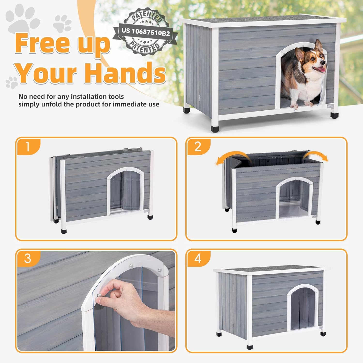 PETSFIT LuxeFold™ 40" Weatherproof Outdoor Dog House : No-Tools Assembly, Foldable Design with Door Flap for Medium Dogs (Grey)