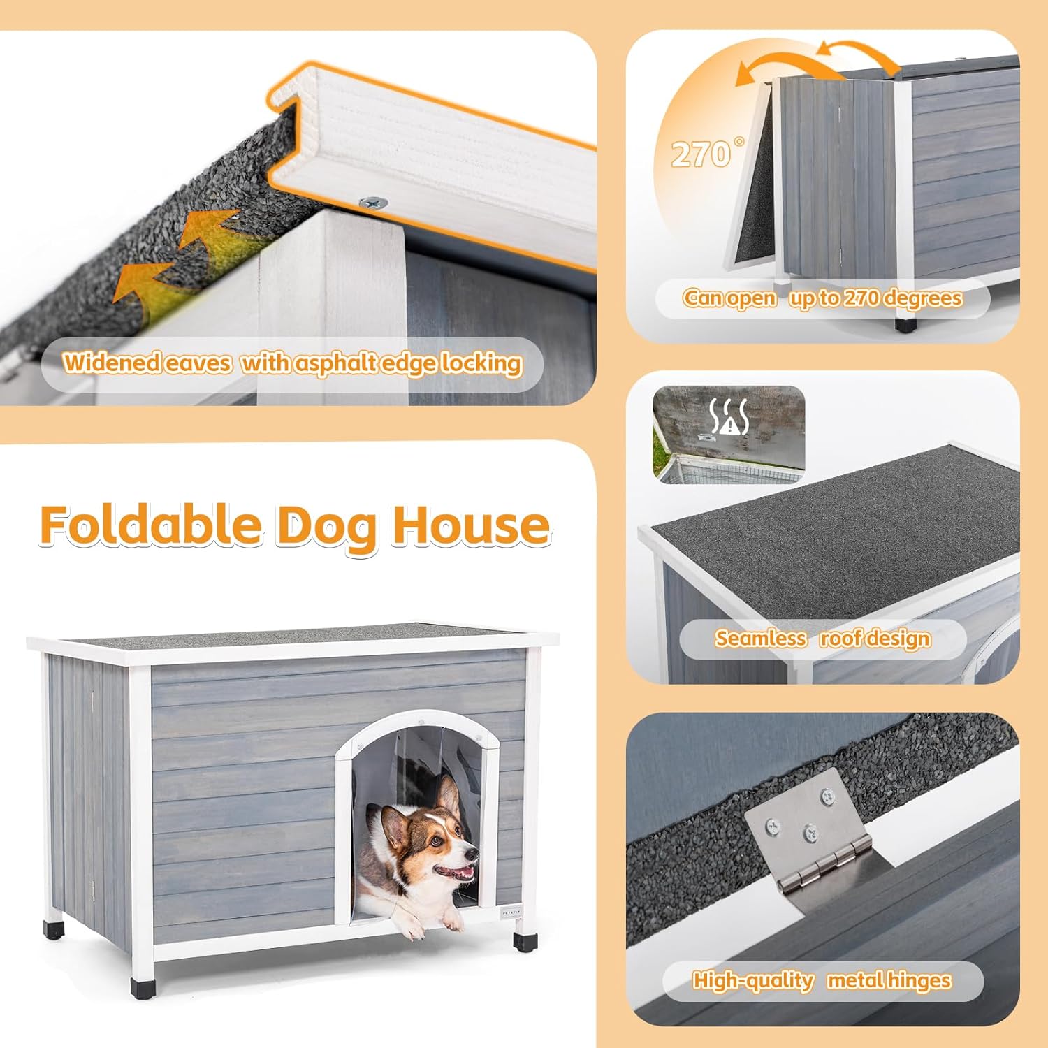 PETSFIT LuxeFold™ 40" Weatherproof Outdoor Dog House : No-Tools Assembly, Foldable Design with Door Flap for Medium Dogs (Grey)