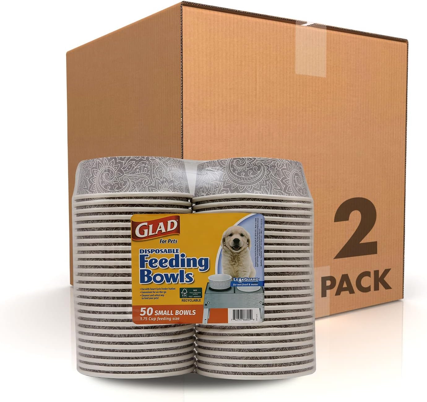 Glad® Luxury Disposable Pet Feeding Bowls, Leakproof & Eco-Friendly, Large 3.5 Cup Size, 25-Pack: Elegant Gray Pattern for Wet & Dry Dog Food or Water