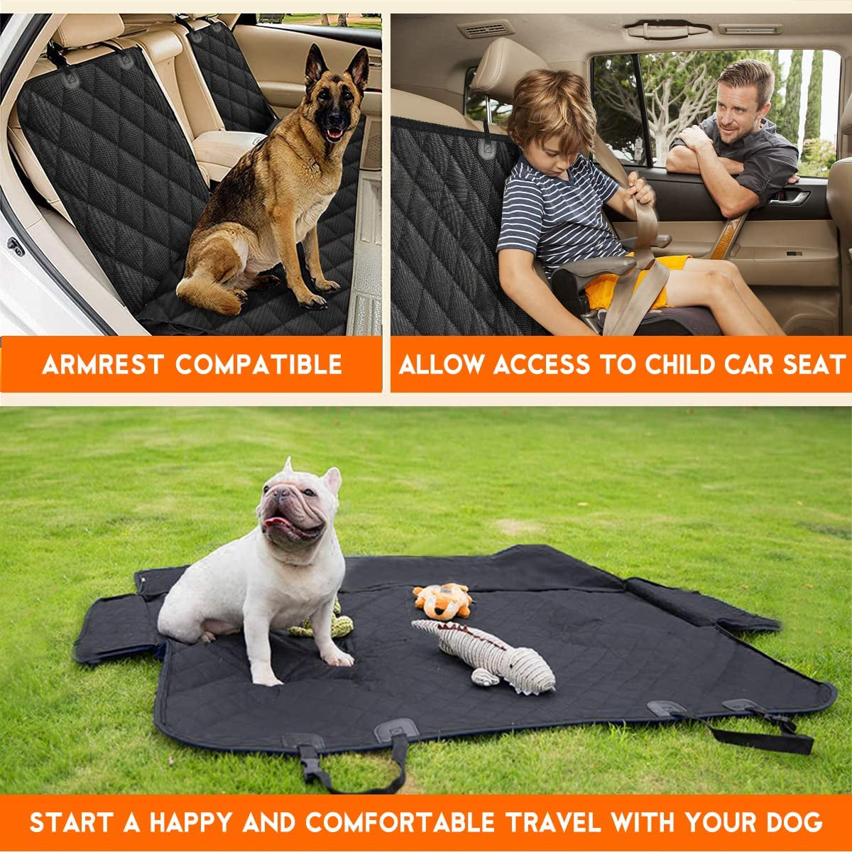 Premium Dog Car Seat Cover : Waterproof Bench Protector with Non-Slip Backing, Adjustable Straps, Fits Most Cars, Trucks, and SUVs – Black/Grey