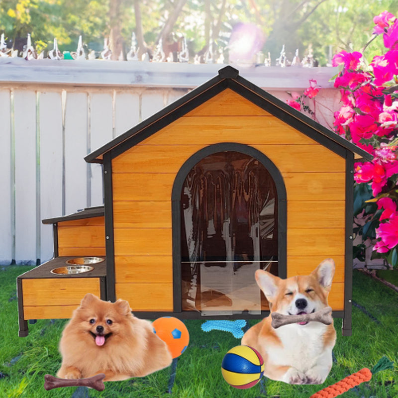 Luxury Outdoor Wooden Dog House with Feeding Station & Toy Storage – Durable, Weatherproof Haven for Multiple Dogs
