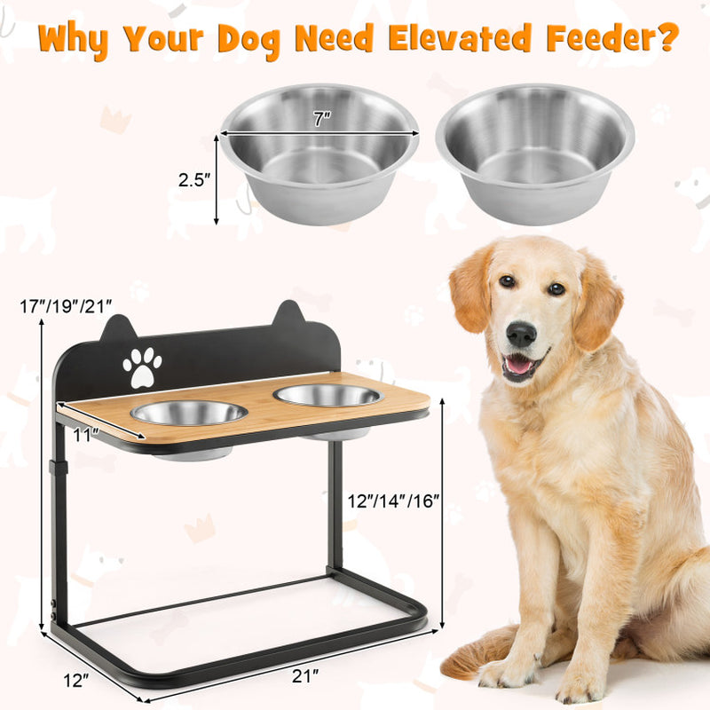 Elevated Dog Bowl Stand with Adjustable Heights – Industrial Bamboo & Stainless Steel Feeder for Medium to Large Dogs