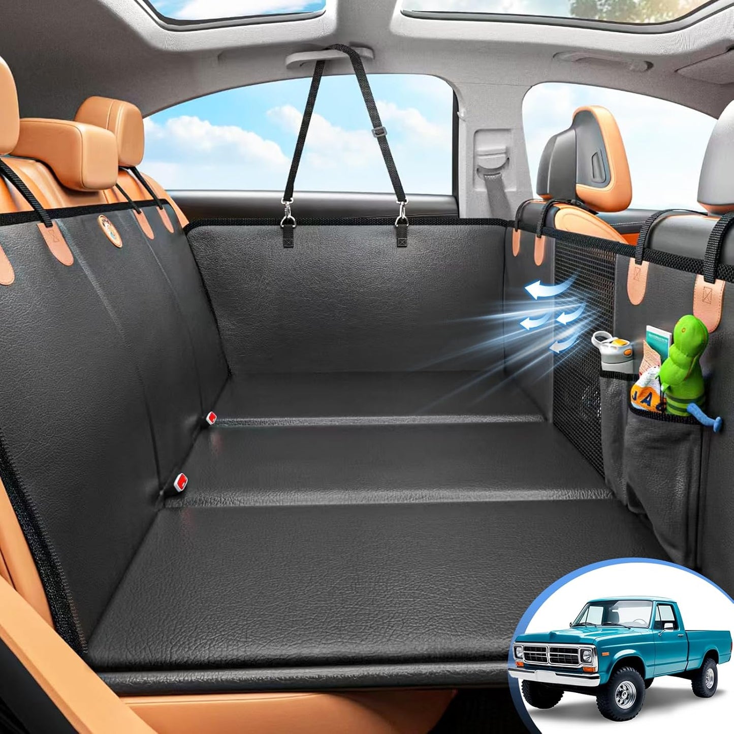 Luxury Waterproof Back Seat Extender for Dogs – Heavy-Duty PU Leather Car Hammock, Foldable with Hard Bottom, Breathable Mesh & Storage, Supports 400 lbs