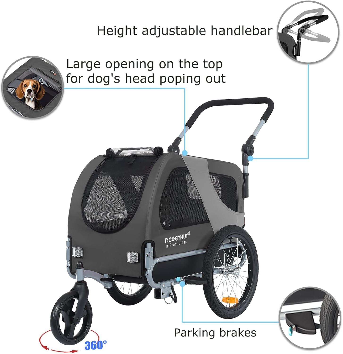 Doggyhut™ Premium 2-in-1 Pet Bike Trailer & Stroller – Medium, Foldable Frame, E-Bike Compatible, For Dogs Up to 50 lbs – Reinforced Floor, Cupholders & Storage 