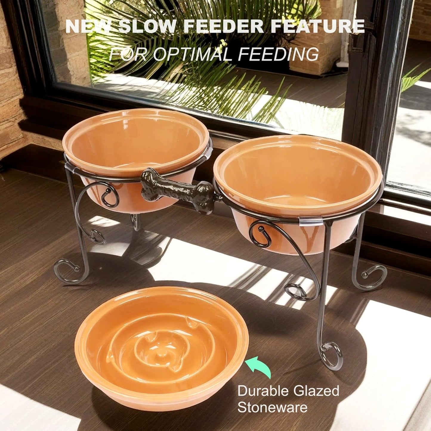 Premium Elevated Dog Bowl Stand – Handcrafted Wrought Iron Feeder with Large Ceramic Stoneware Bowls for Medium & Large Pets (Almond Finish)