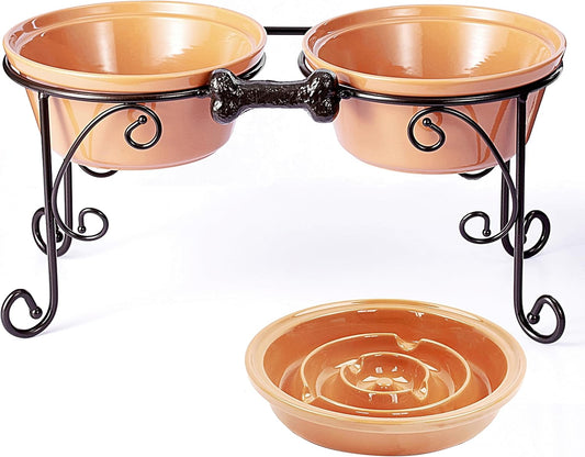 Premium Elevated Dog Bowl Stand – Handcrafted Wrought Iron Feeder with Large Ceramic Stoneware Bowls for Medium & Large Pets (Almond Finish)