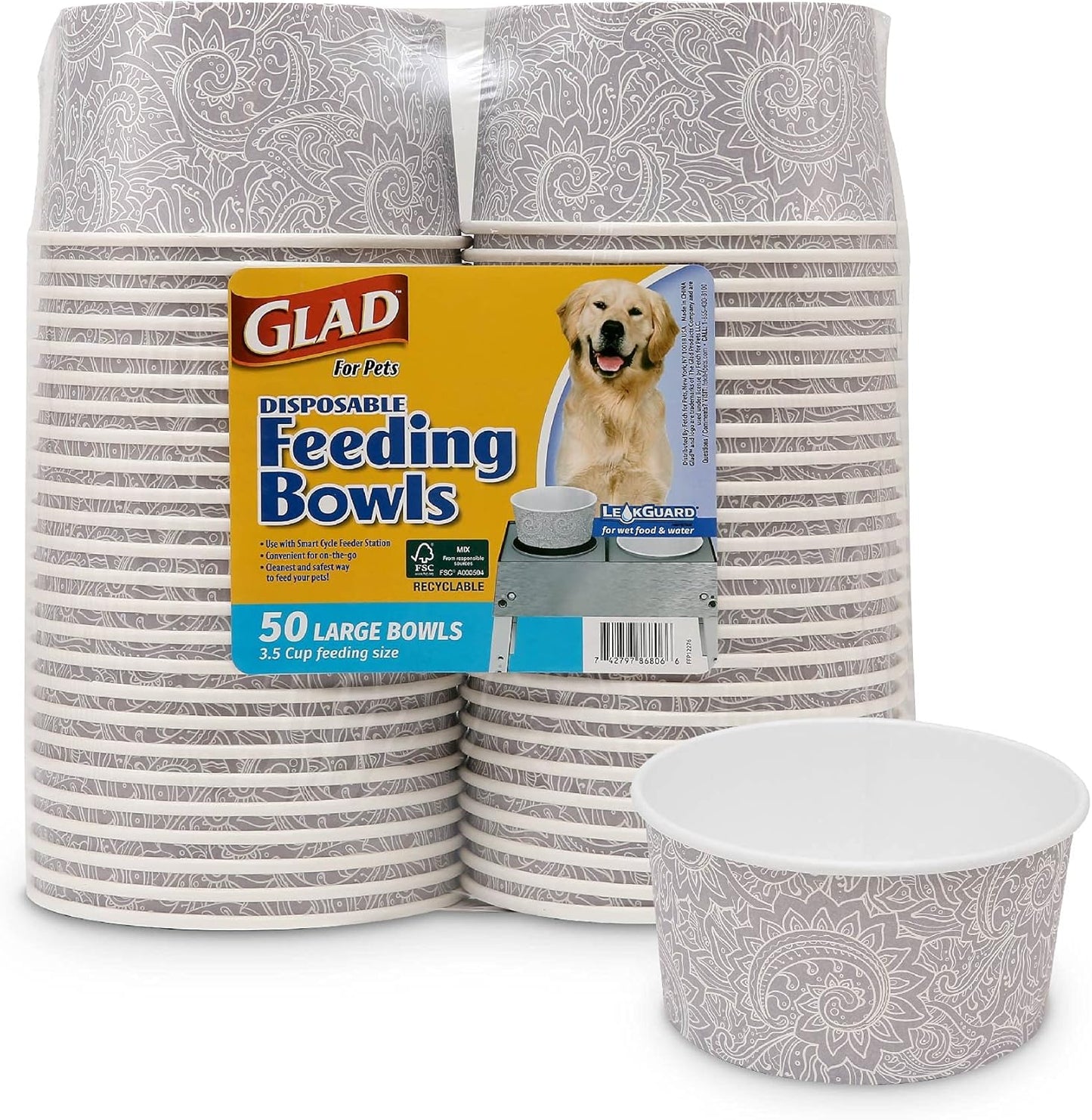 Glad® Luxury Disposable Pet Feeding Bowls, Leakproof & Eco-Friendly, Large 3.5 Cup Size, 25-Pack: Elegant Gray Pattern for Wet & Dry Dog Food or Water