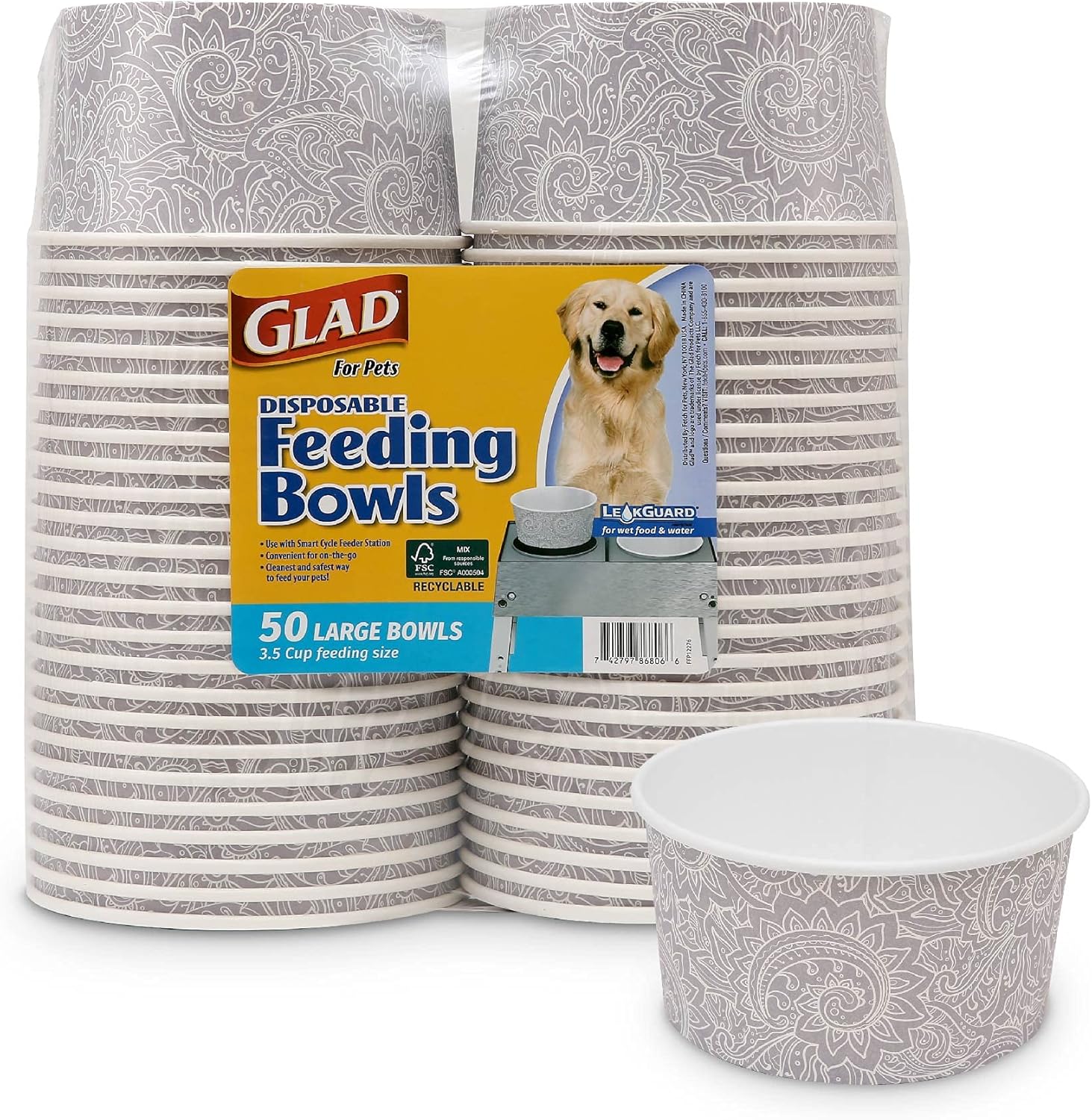 Glad® Luxury Disposable Pet Feeding Bowls, Leakproof & Eco-Friendly, Large 3.5 Cup Size, 25-Pack: Elegant Gray Pattern for Wet & Dry Dog Food or Water