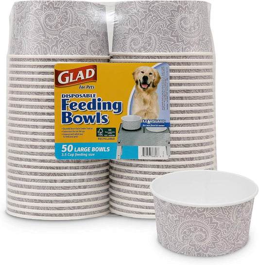 Glad® Luxury Disposable Pet Feeding Bowls, Leakproof & Eco-Friendly, Large 3.5 Cup Size, 25-Pack: Elegant Gray Pattern for Wet & Dry Dog Food or Water