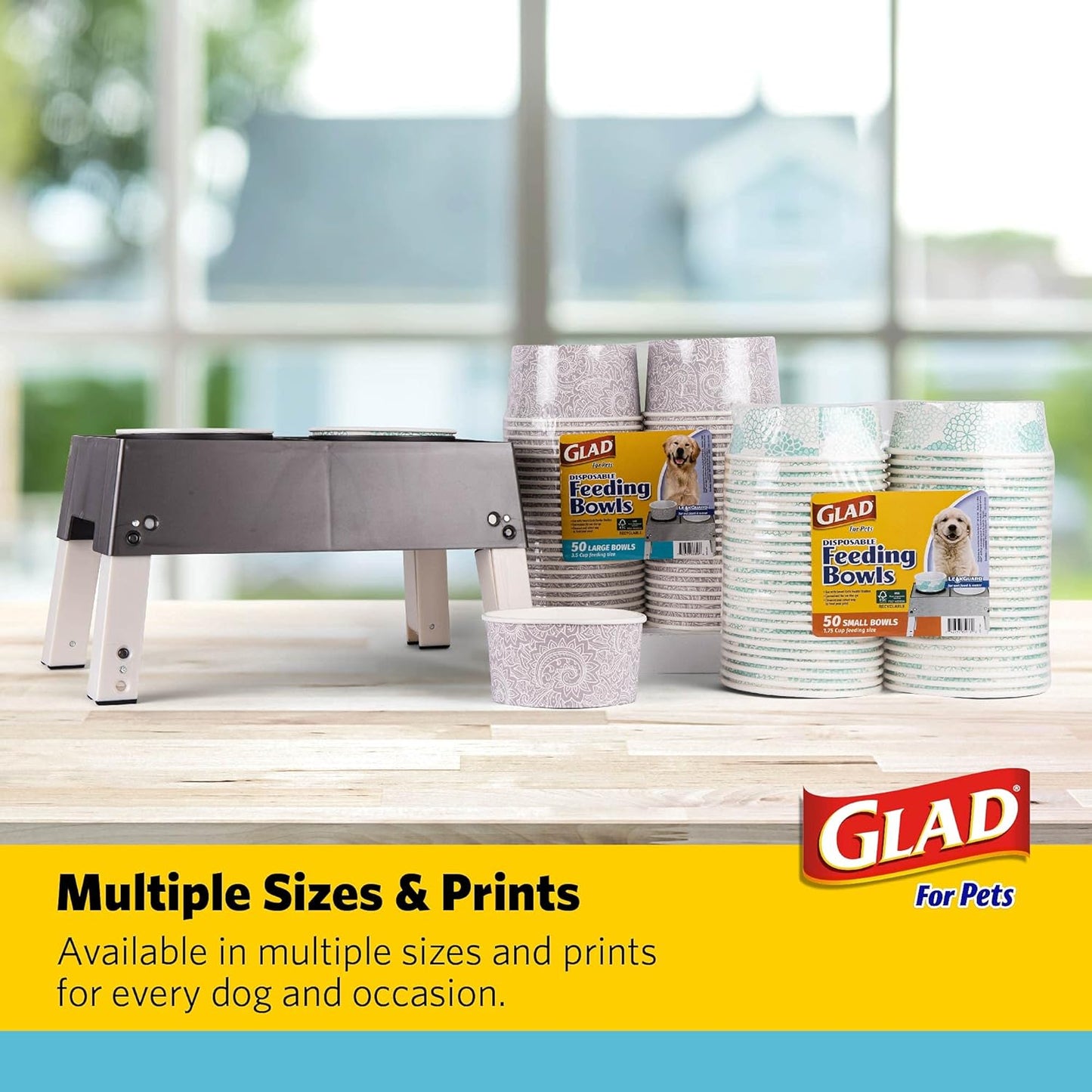 Glad® Luxury Disposable Pet Feeding Bowls, Leakproof & Eco-Friendly, Large 3.5 Cup Size, 25-Pack: Elegant Gray Pattern for Wet & Dry Dog Food or Water