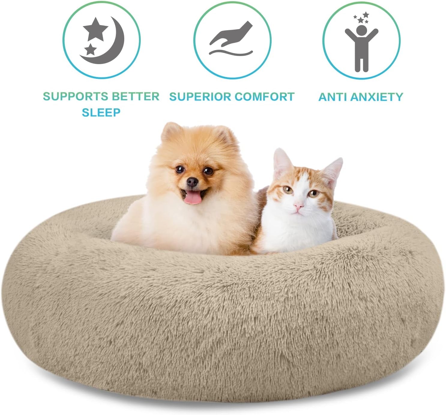 Plush Calming Donut Dog Beds for Small Dogs, Medium, Large & X-Large Breeds, Comfy Cuddler Dog Bed and Cat Bed in Faux Fur, Washable, Multiple Sizes S-XXL
