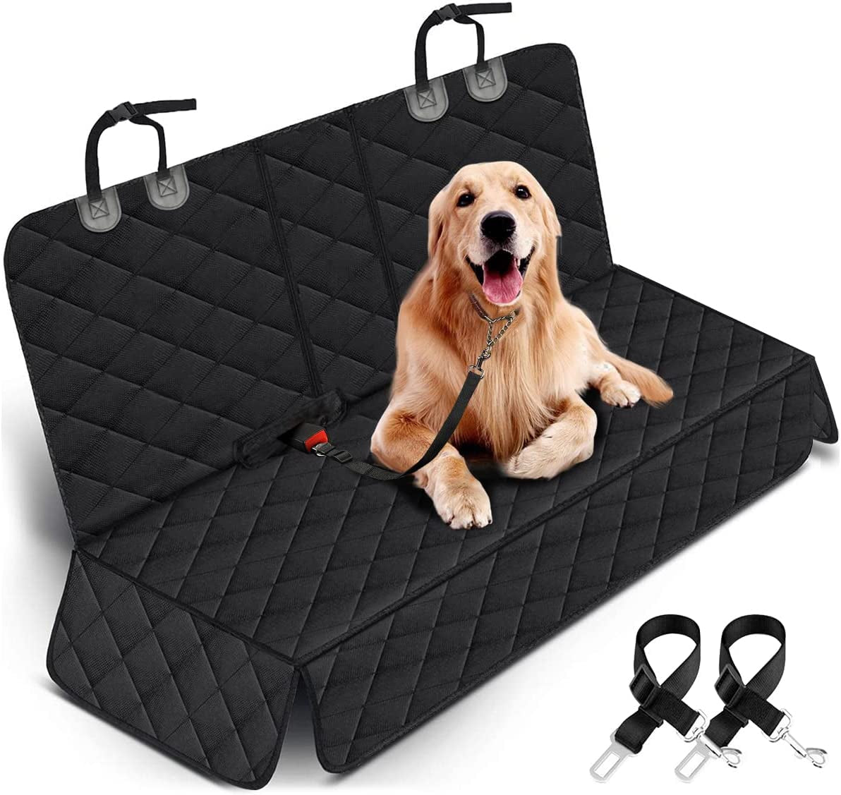 Premium Dog Car Seat Cover : Waterproof Bench Protector with Non-Slip Backing, Adjustable Straps, Fits Most Cars, Trucks, and SUVs – Black/Grey
