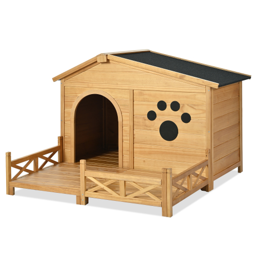 Pawsh & Co. Medium Luxury Wooden Dog House with Porch : Weather-Resistant Pine Kennel, Raised Floor, Paw Print Charm, for Stylish Indoor & Outdoor Living