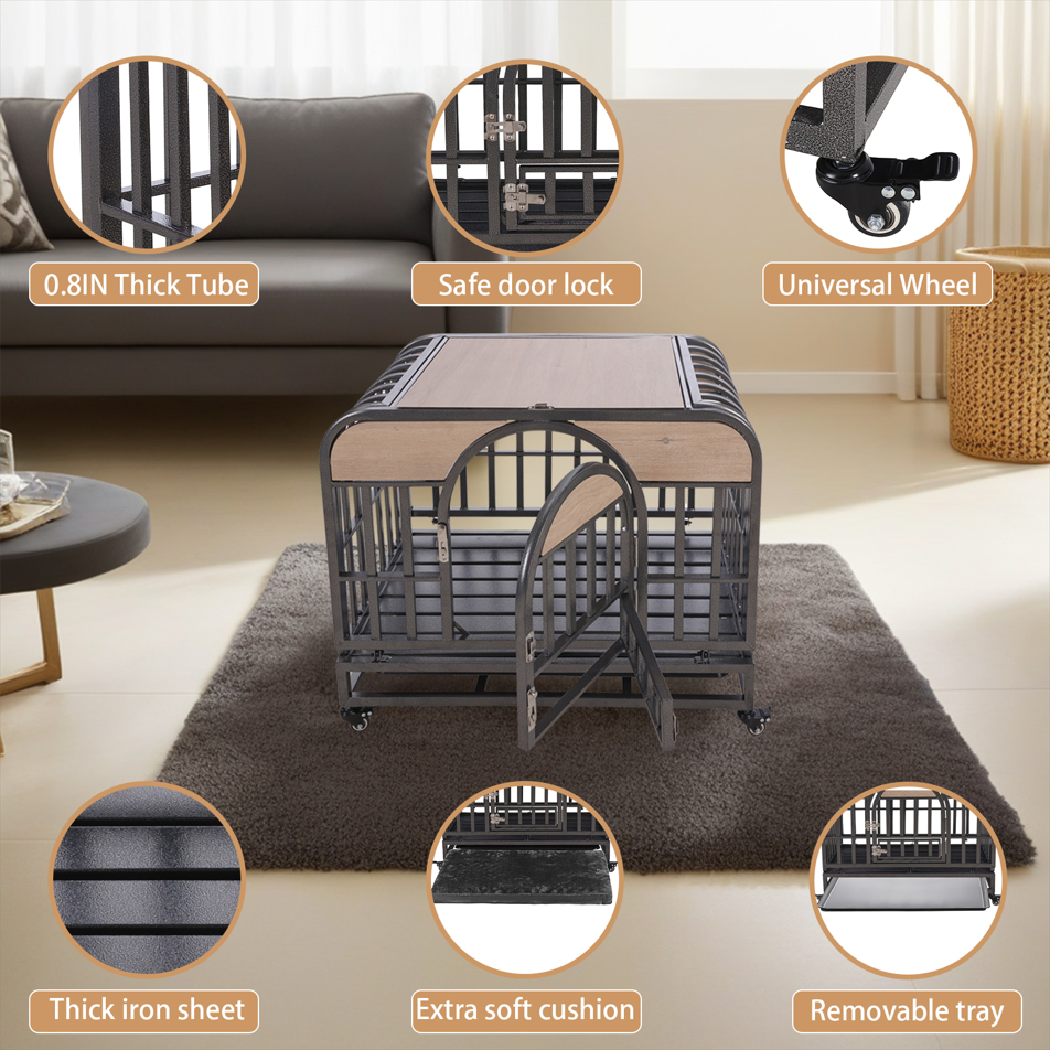 46-Inch Premium Heavy-Duty Dog Crate with Luxury Furniture-Style Design, Reinforced Steel, Removable Trays & Lockable Wheels for High-Anxiety Dogs