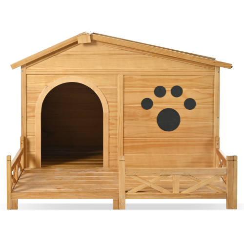 Pawsh & Co. Medium Luxury Wooden Dog House with Porch : Weather-Resistant Pine Kennel, Raised Floor, Paw Print Charm, for Stylish Indoor & Outdoor Living