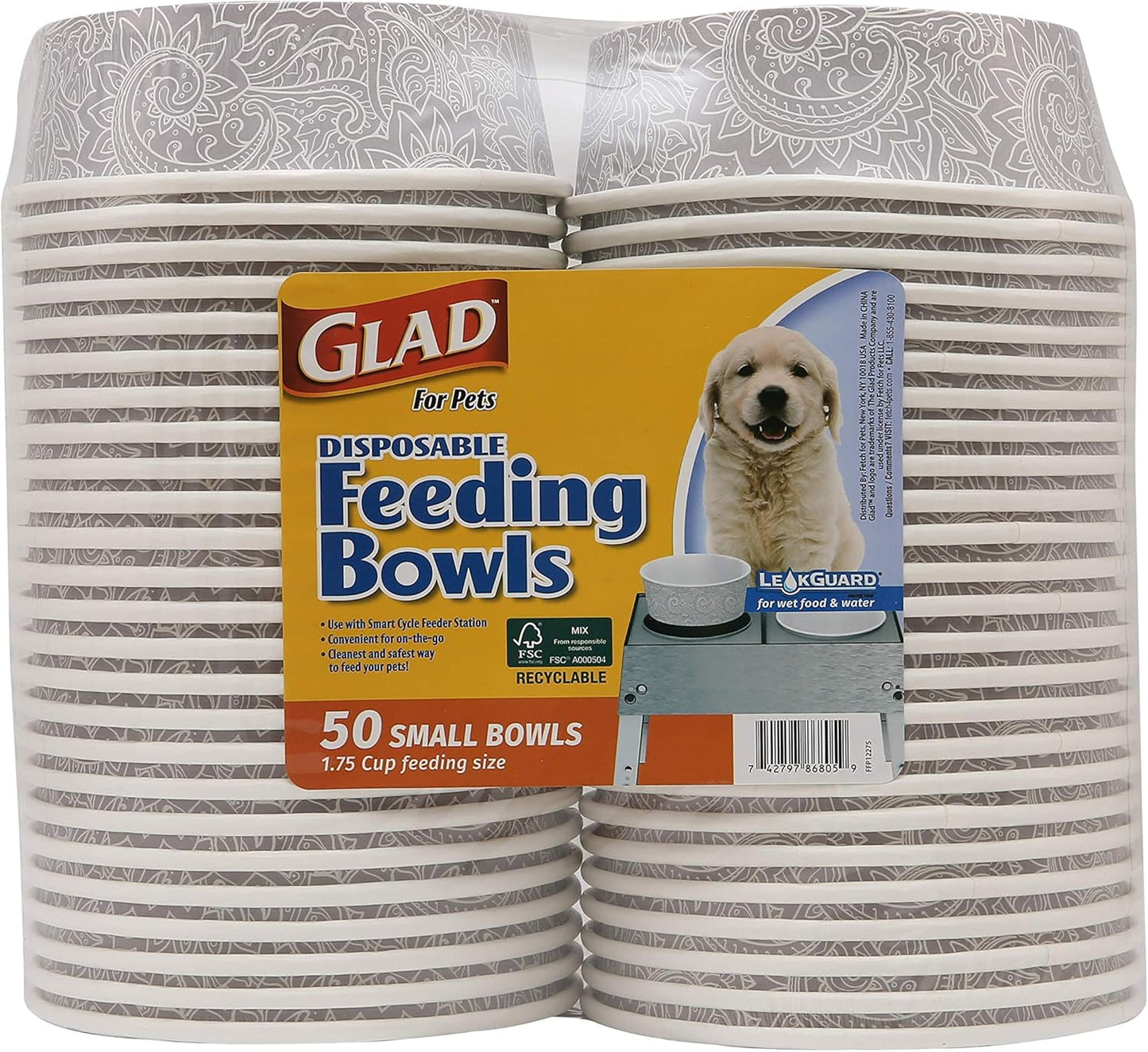 Glad® Luxury Disposable Pet Feeding Bowls, Leakproof & Eco-Friendly, Large 3.5 Cup Size, 25-Pack: Elegant Gray Pattern for Wet & Dry Dog Food or Water