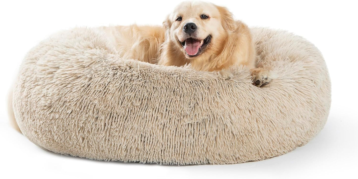 Plush Calming Donut Dog Beds for Small Dogs, Medium, Large & X-Large Breeds, Comfy Cuddler Dog Bed and Cat Bed in Faux Fur, Washable, Multiple Sizes S-XXL