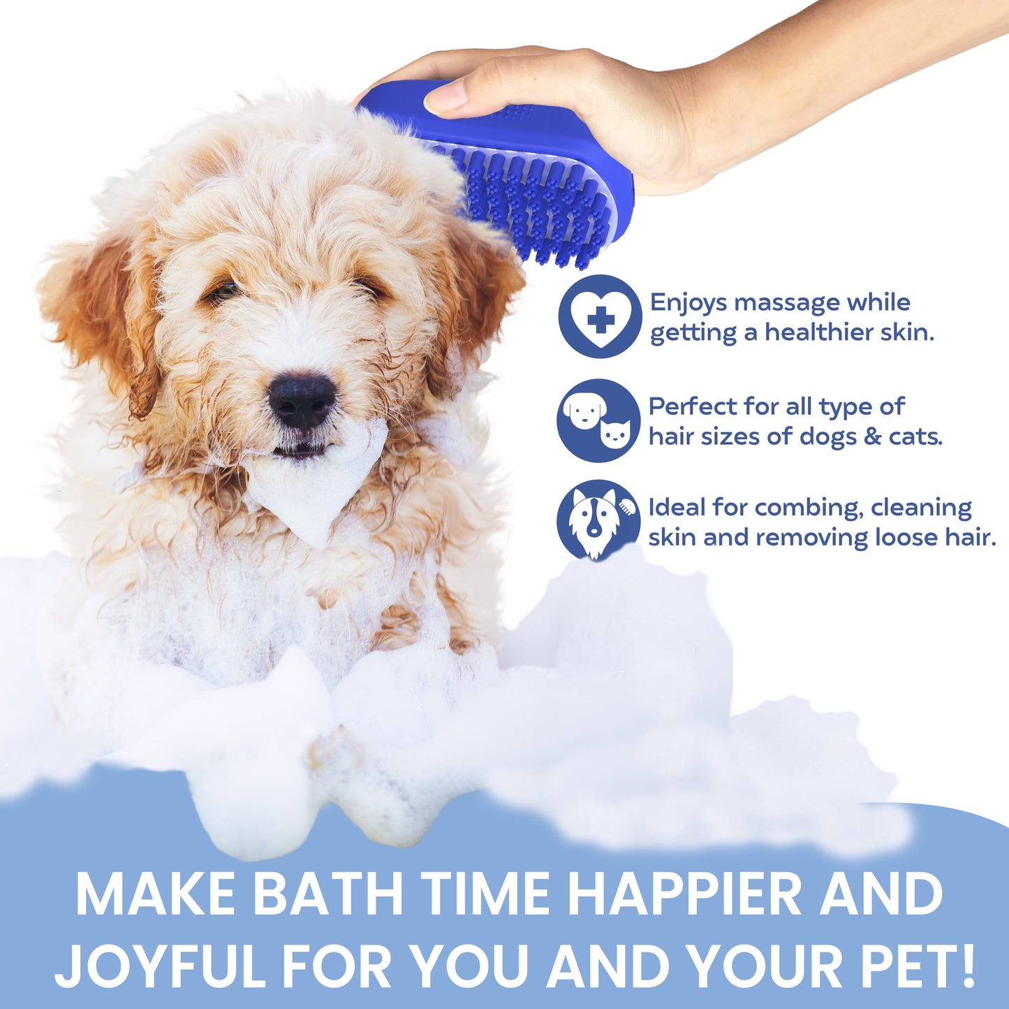 SCRUBIT LuxePet™ Blue Bath & Massage Brush — Premium Rubber Curry Comb for Dogs & Cats, Non-Slip Grip, Self-Cleaning Bristles, All Coat Types