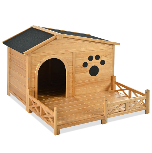 Pawsh & Co. Medium Luxury Wooden Dog House with Porch : Weather-Resistant Pine Kennel, Raised Floor, Paw Print Charm, for Stylish Indoor & Outdoor Living