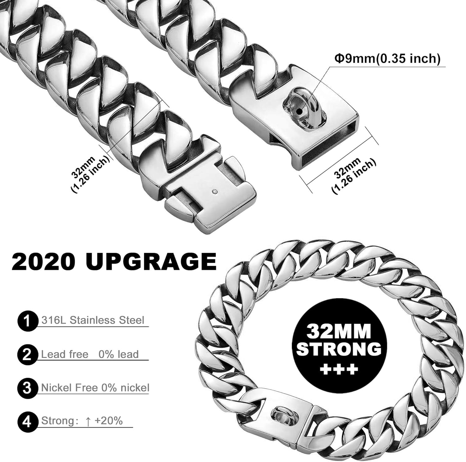 K9 LuxeLink™ 32MM Cuban Chain Dog Collar – Heavy-Duty Stainless Steel Silver Collar with Power Buckle for Strong, Large Breeds