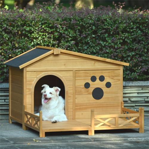 Pawsh & Co. Medium Luxury Wooden Dog House with Porch : Weather-Resistant Pine Kennel, Raised Floor, Paw Print Charm, for Stylish Indoor & Outdoor Living