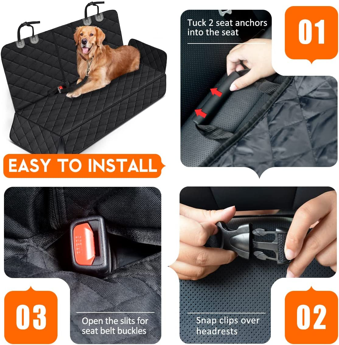 Premium Dog Car Seat Cover : Waterproof Bench Protector with Non-Slip Backing, Adjustable Straps, Fits Most Cars, Trucks, and SUVs – Black/Grey