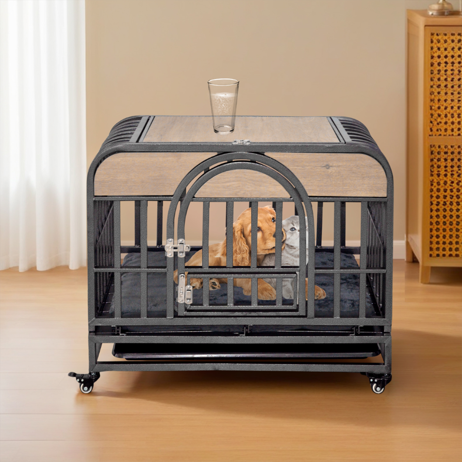 46-Inch Premium Heavy-Duty Dog Crate with Luxury Furniture-Style Design, Reinforced Steel, Removable Trays & Lockable Wheels for High-Anxiety Dogs