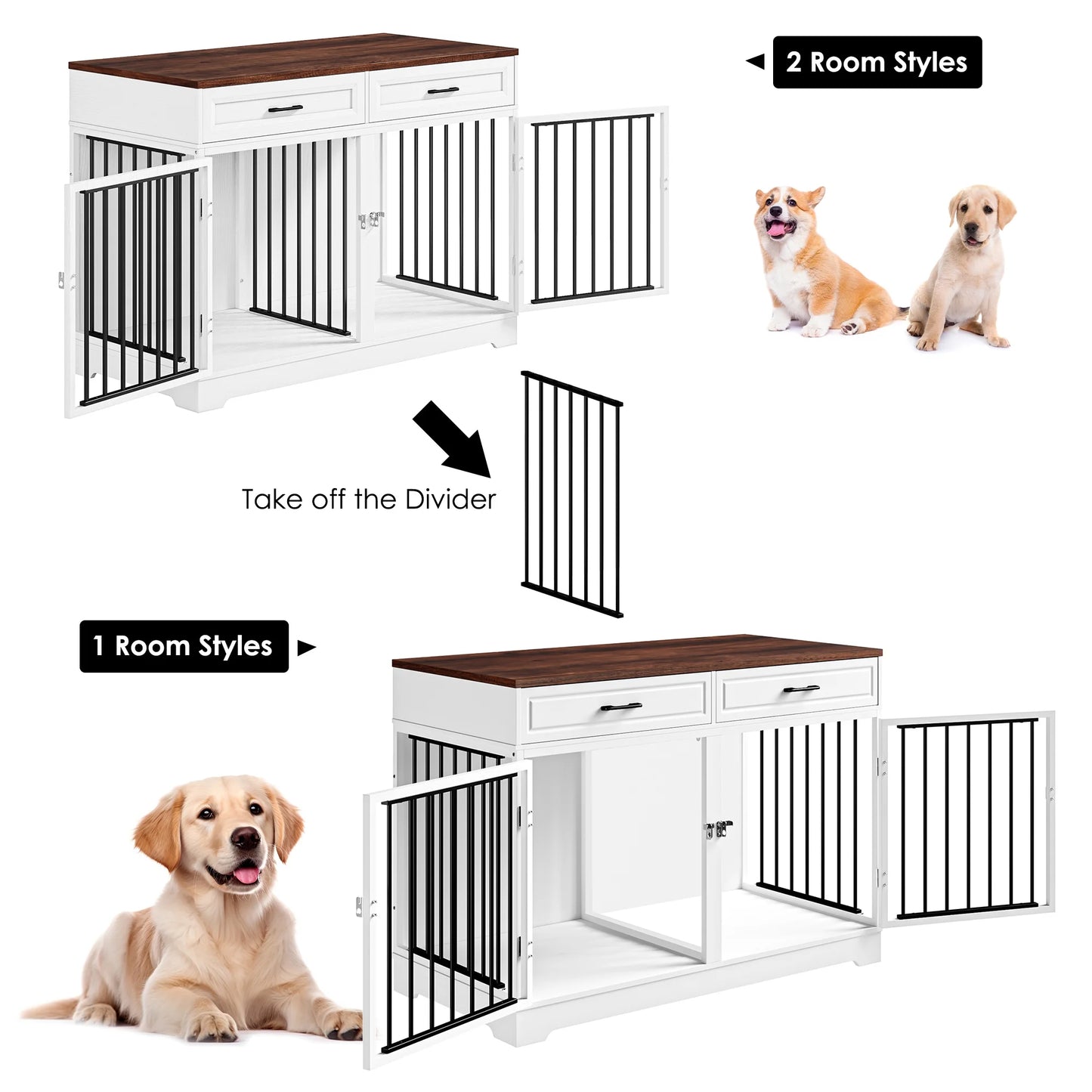 Pawsh & Co. 47" Elegant Dog Crate Furniture with 2 Drawers & Divider : Stylish Indoor Wooden Dog Cage Table for Chic Homes