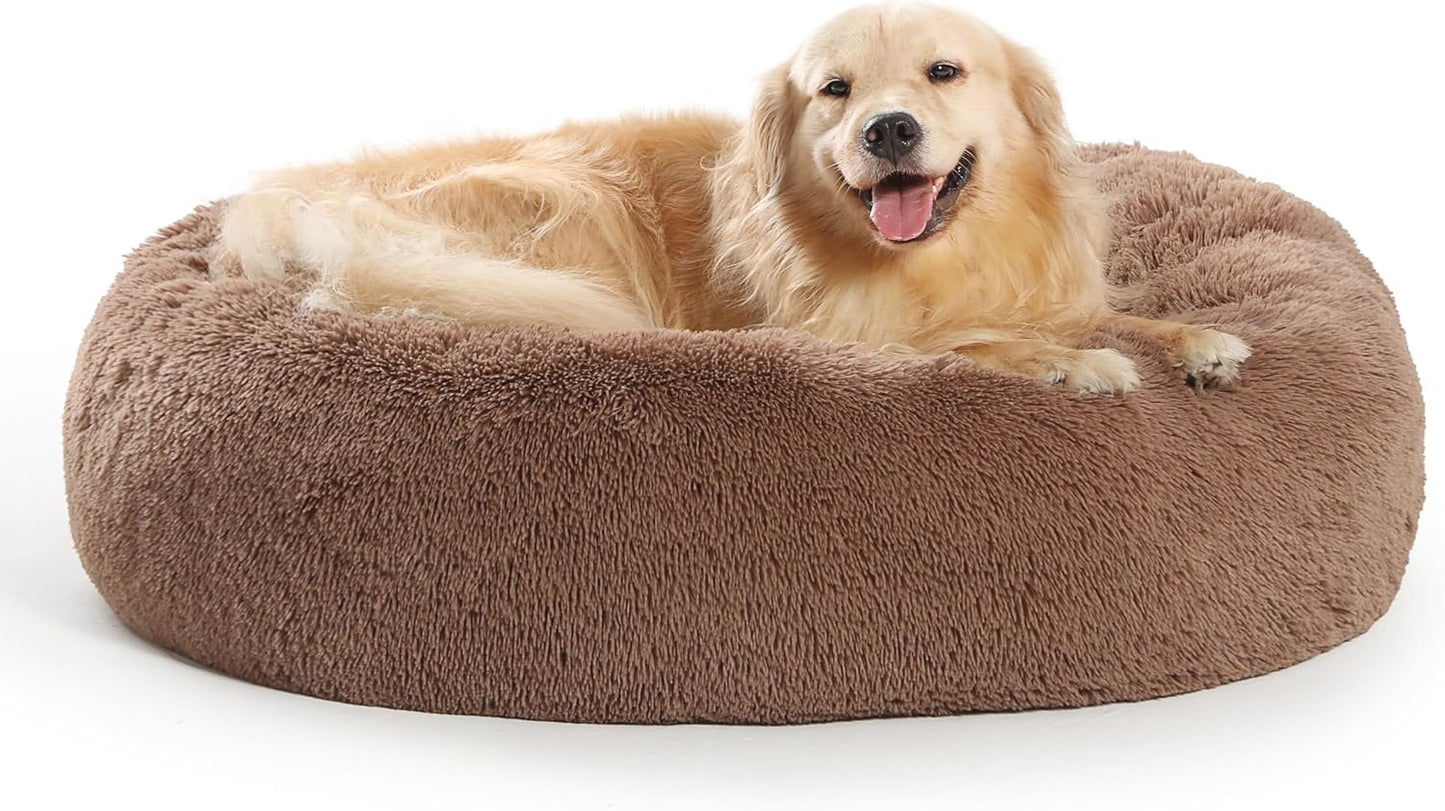 Plush Calming Donut Dog Beds for Small Dogs, Medium, Large & X-Large Breeds, Comfy Cuddler Dog Bed and Cat Bed in Faux Fur, Washable, Multiple Sizes S-XXL