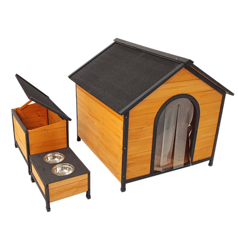 Luxury Outdoor Wooden Dog House with Feeding Station & Toy Storage – Durable, Weatherproof Haven for Multiple Dogs