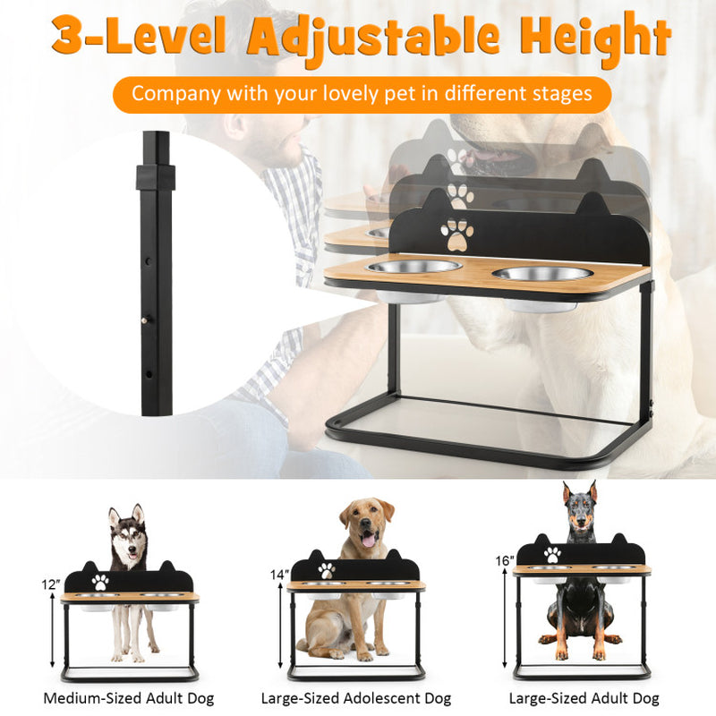 Elevated Dog Bowl Stand with Adjustable Heights – Industrial Bamboo & Stainless Steel Feeder for Medium to Large Dogs