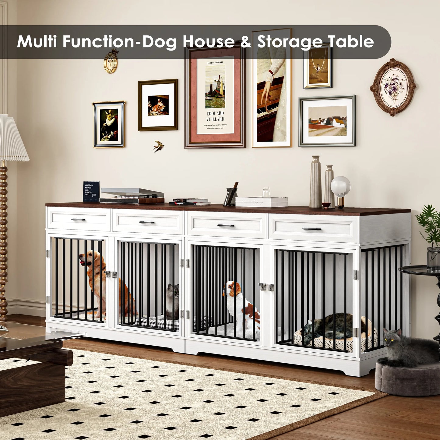 Pawsh & Co. 47" Elegant Dog Crate Furniture with 2 Drawers & Divider : Stylish Indoor Wooden Dog Cage Table for Chic Homes
