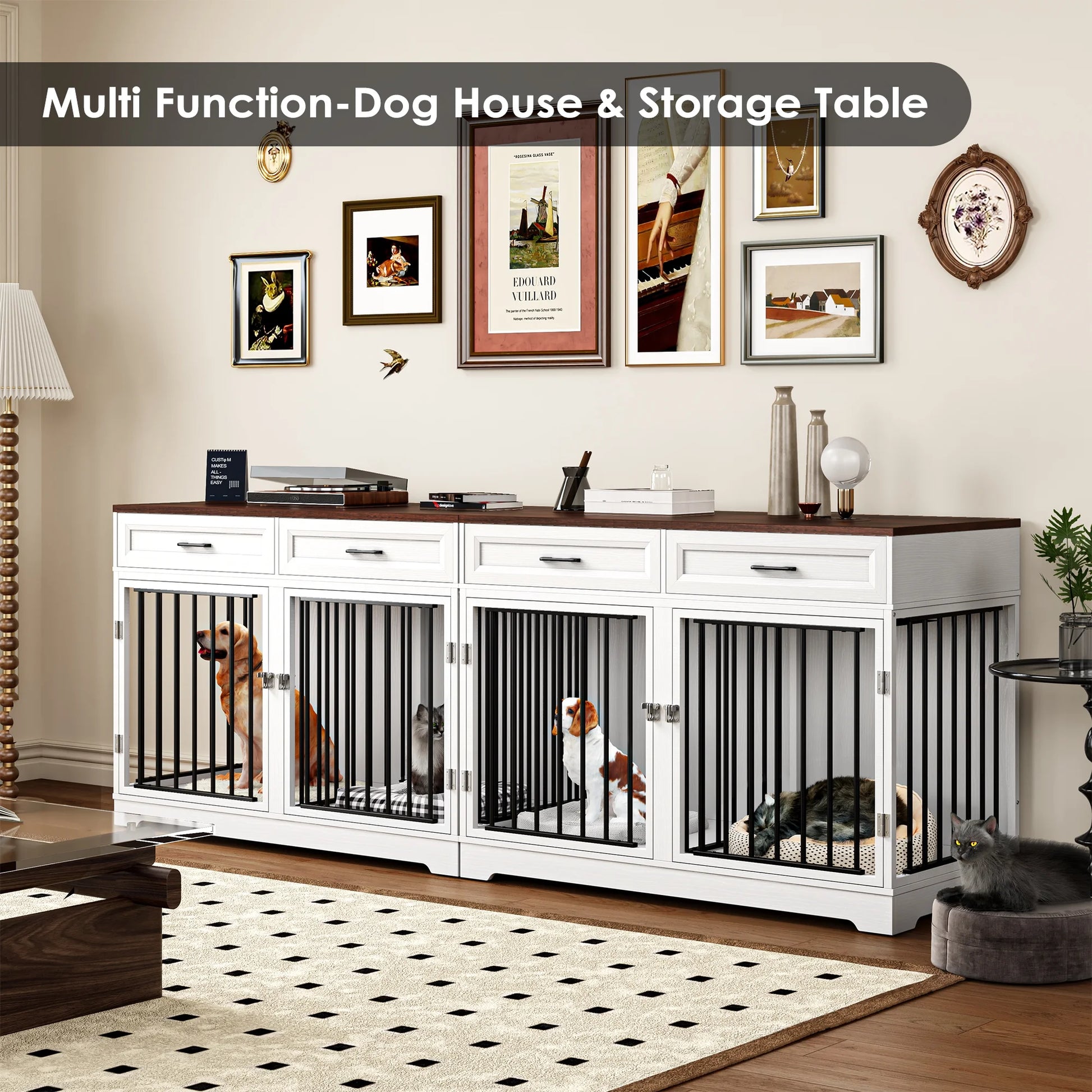 Pawsh & Co. 47" Elegant Dog Crate Furniture with 2 Drawers & Divider : Stylish Indoor Wooden Dog Cage Table for Chic Homes
