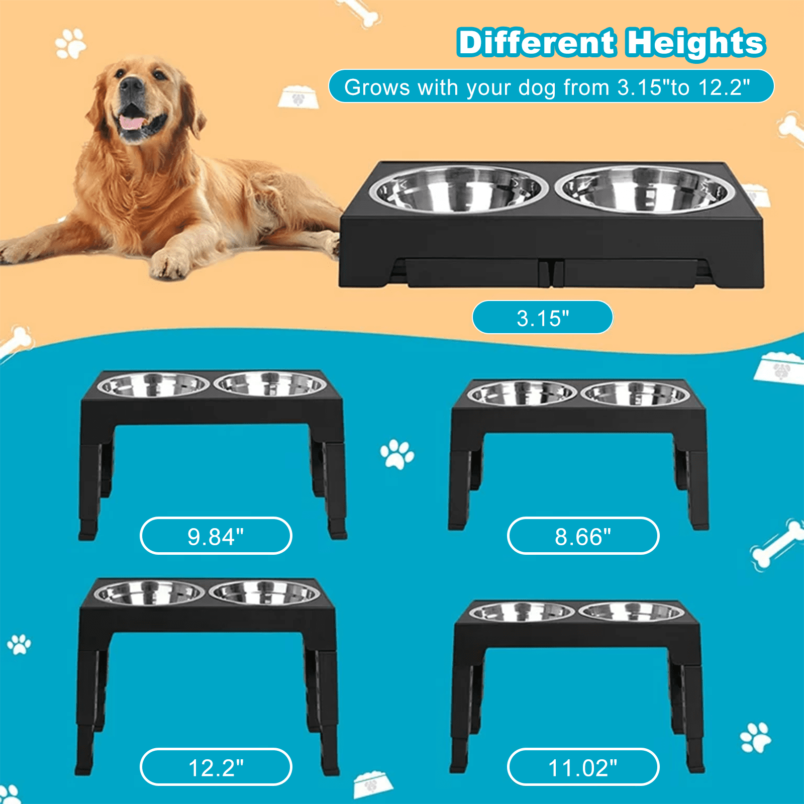 Elevated Dog Bowls : Luxury Adjustable Raised Feeder with 2 Stainless Steel Bowls, 5 Heights for Small, Medium & Large Dogs, Anti-Slip & Ergonomic for Healthy Digestion