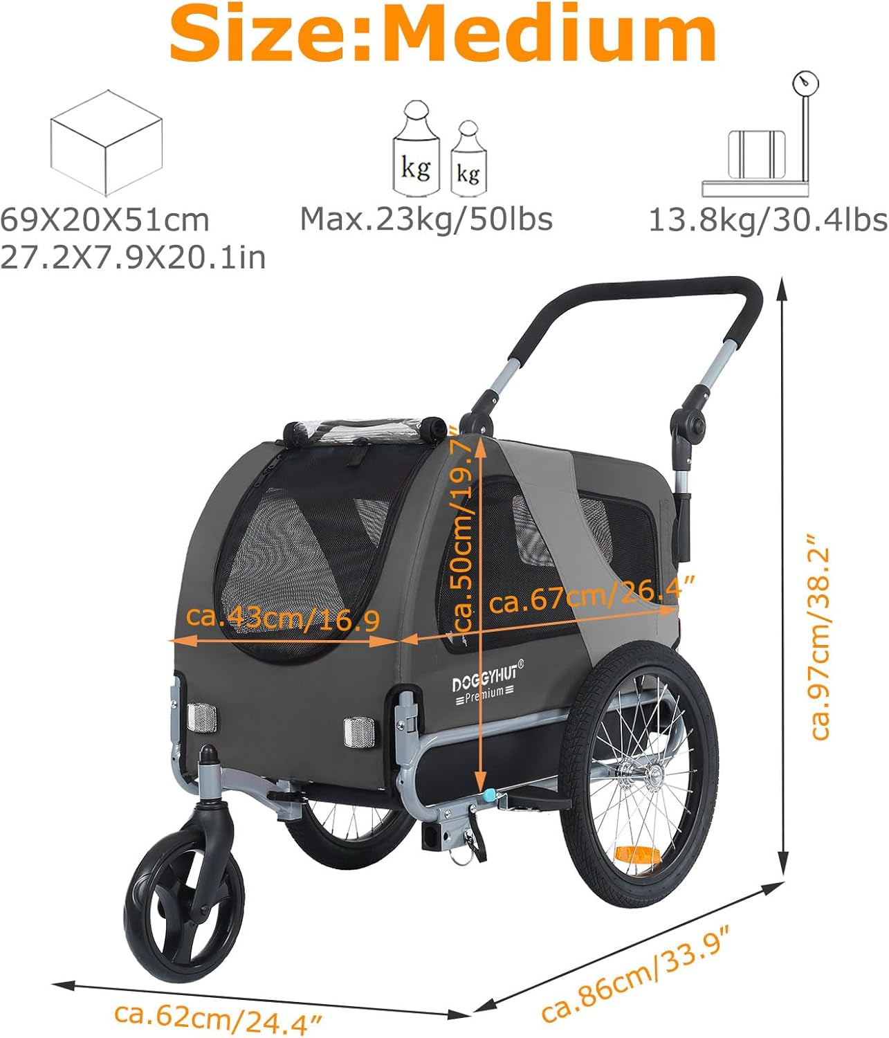 Doggyhut™ Premium 2-in-1 Pet Bike Trailer & Stroller – Medium, Foldable Frame, E-Bike Compatible, For Dogs Up to 50 lbs – Reinforced Floor, Cupholders & Storage 
