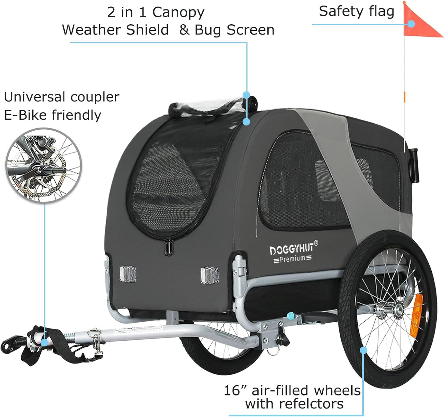 Doggyhut™ Premium 2-in-1 Pet Bike Trailer & Stroller – Medium, Foldable Frame, E-Bike Compatible, For Dogs Up to 50 lbs – Reinforced Floor, Cupholders & Storage 