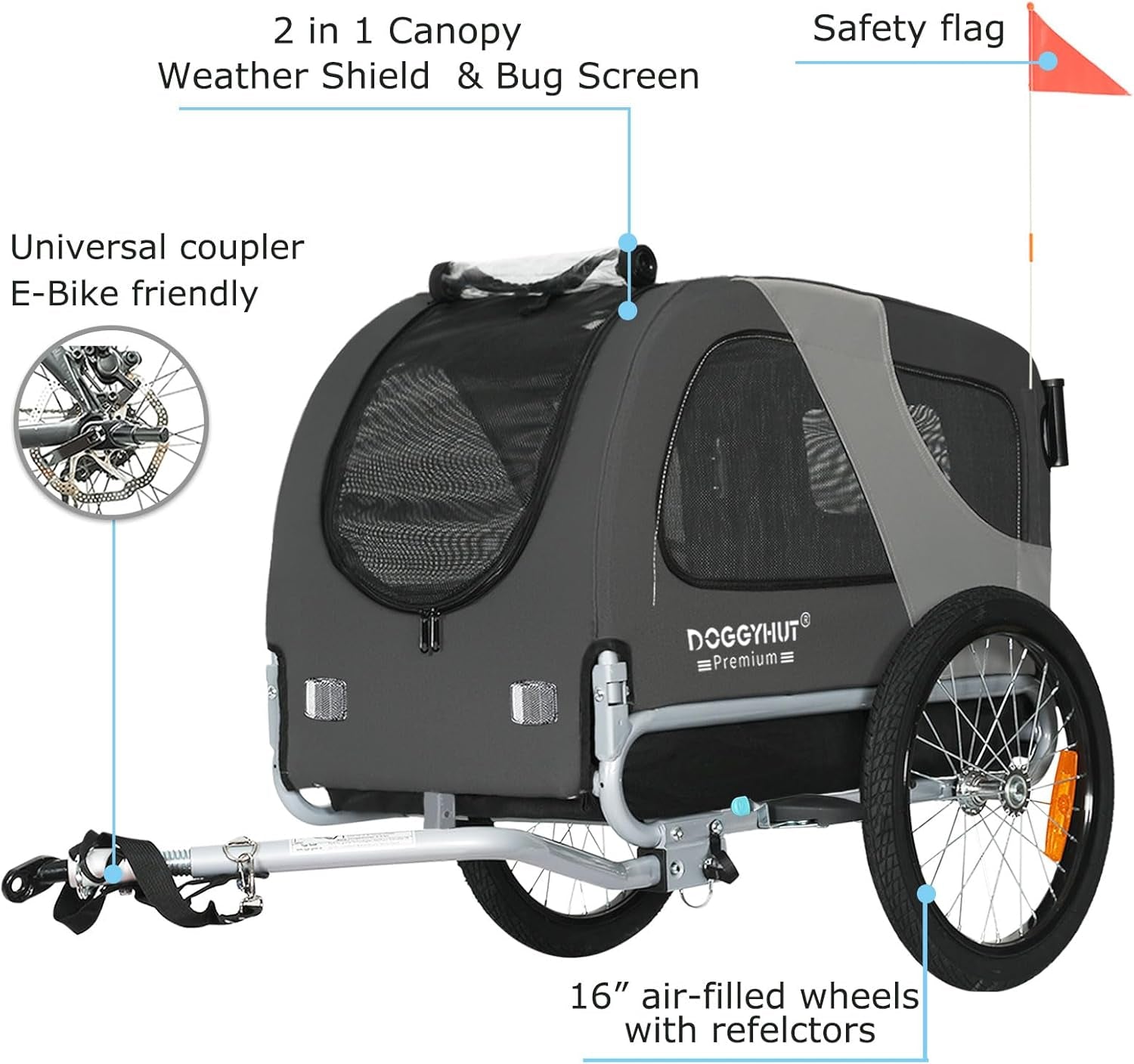 Doggyhut™ Premium 2-in-1 Pet Bike Trailer & Stroller – Medium, Foldable Frame, E-Bike Compatible, For Dogs Up to 50 lbs – Reinforced Floor, Cupholders & Storage 
