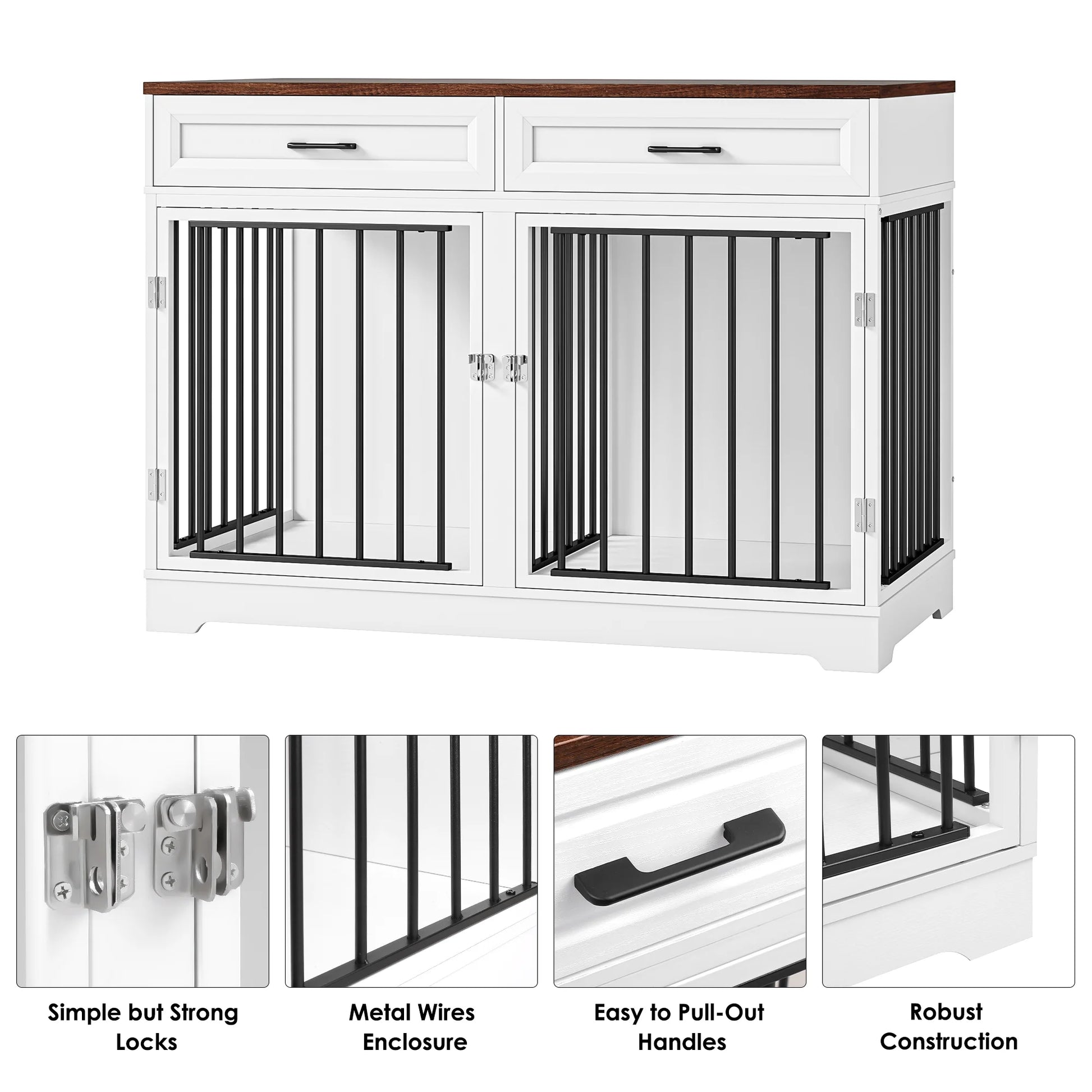 Pawsh & Co. 47" Elegant Dog Crate Furniture with 2 Drawers & Divider : Stylish Indoor Wooden Dog Cage Table for Chic Homes
