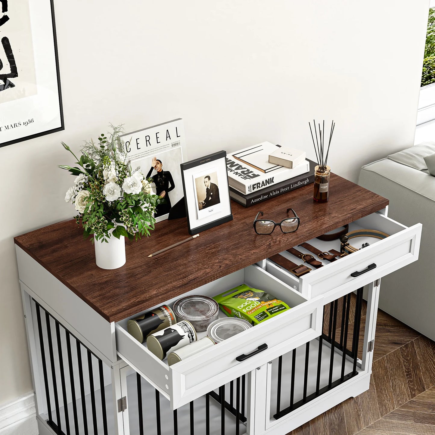 Pawsh & Co. 47" Elegant Dog Crate Furniture with 2 Drawers & Divider : Stylish Indoor Wooden Dog Cage Table for Chic Homes