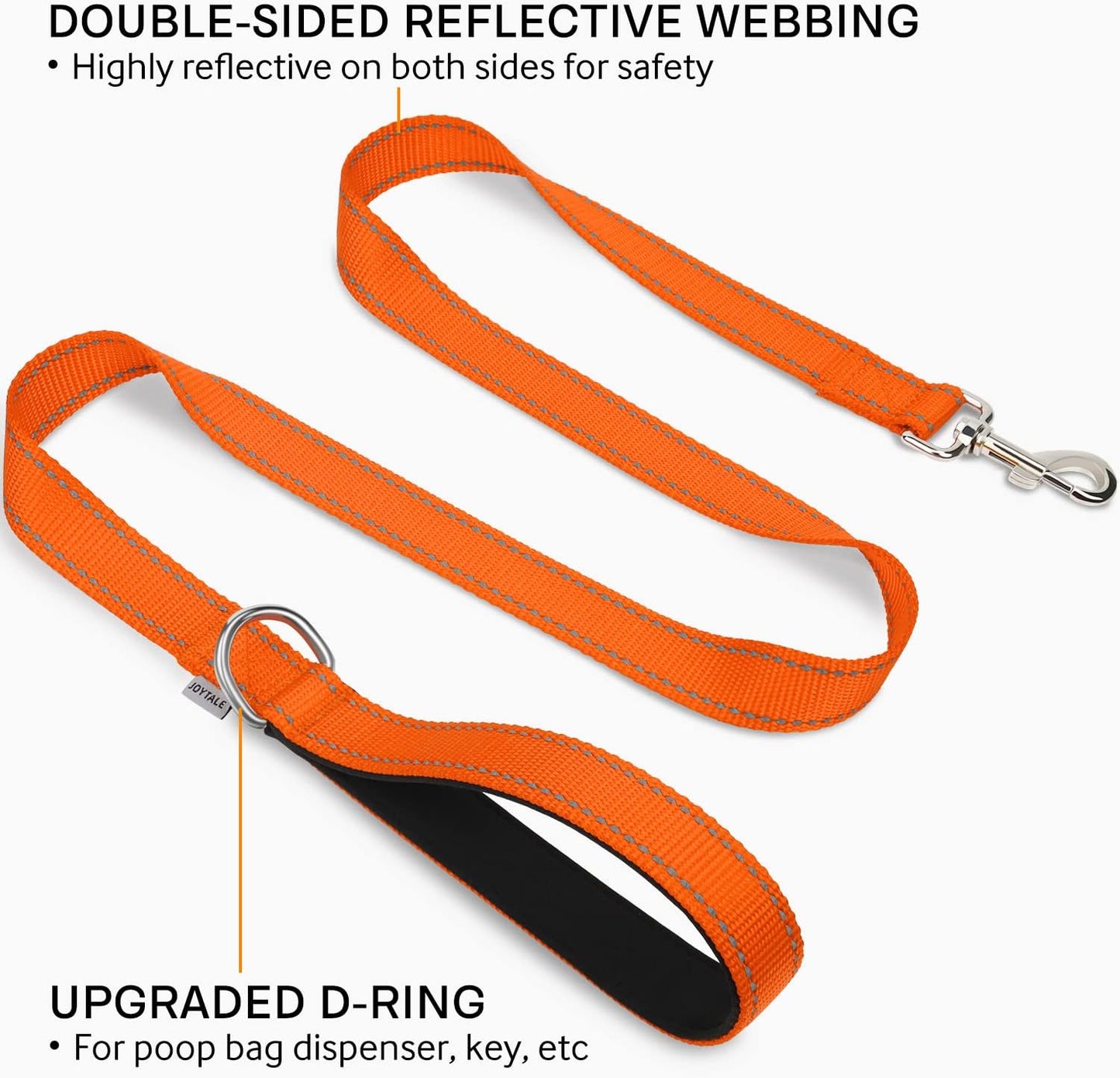 Joytale Luxe Double-Sided Reflective Dog Leash – Heavy-Duty Padded Nylon, 5FT Orange Lead for Medium & Large Dogs, Night Safety + Comfort Grip